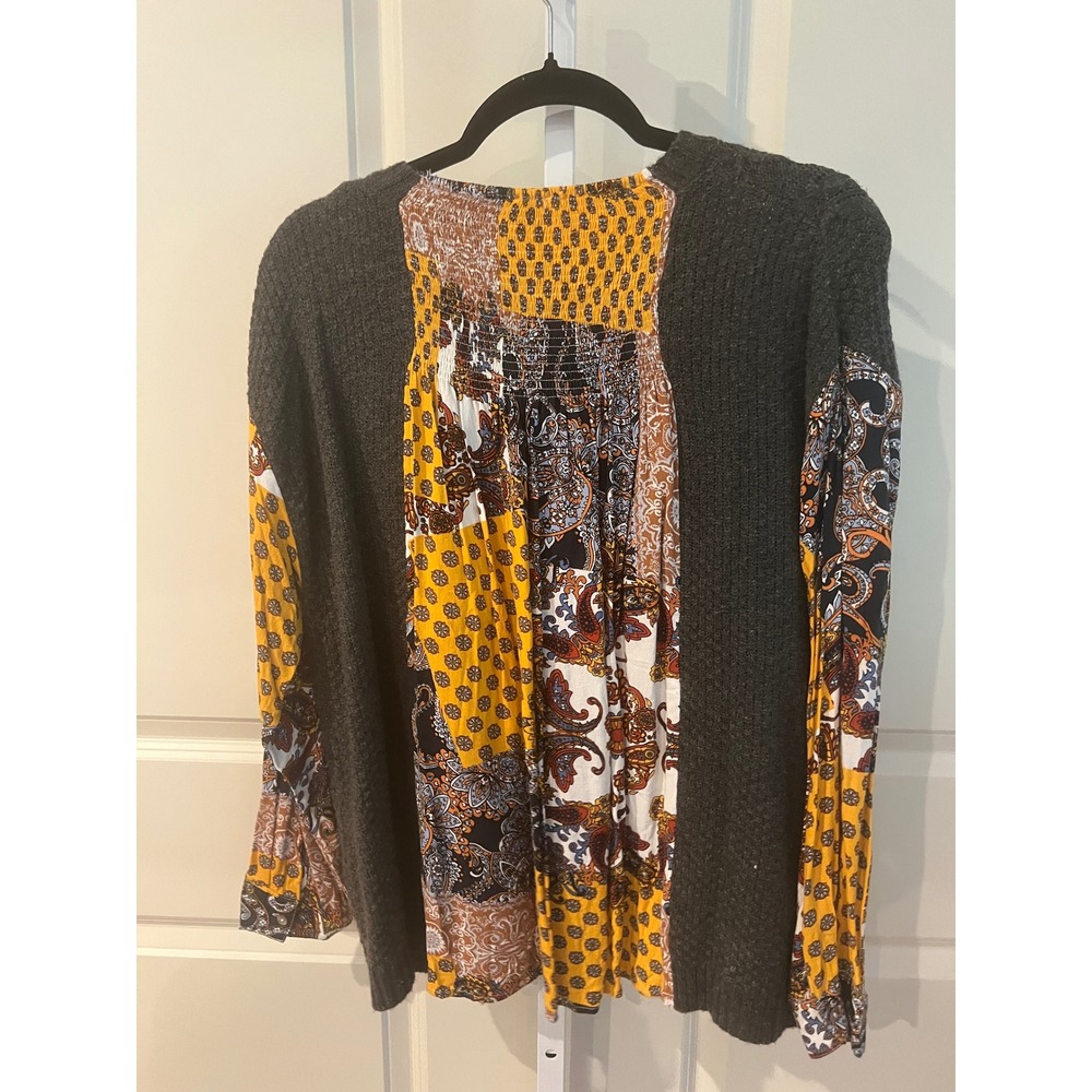 ODDI Mixed Media Cable Knit Sweater Paisley Patchwork Back Grey Boho M/L - Picture 4 of 8